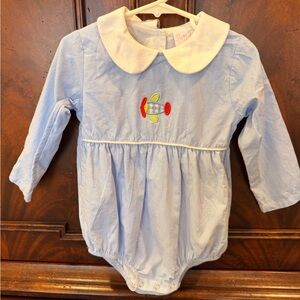 Light Blue Baby One-Piece with Peter Pan Collar and Airplane Embroidery